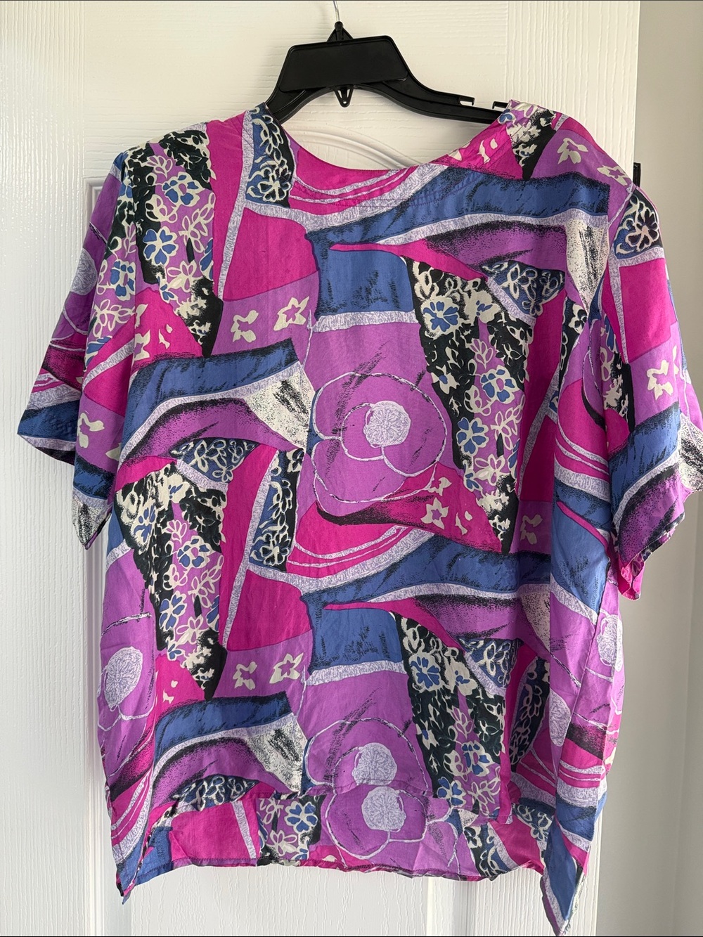 80’s Vibrant Abstract Floral Silk Short Sleeve Top - Pink & Purple